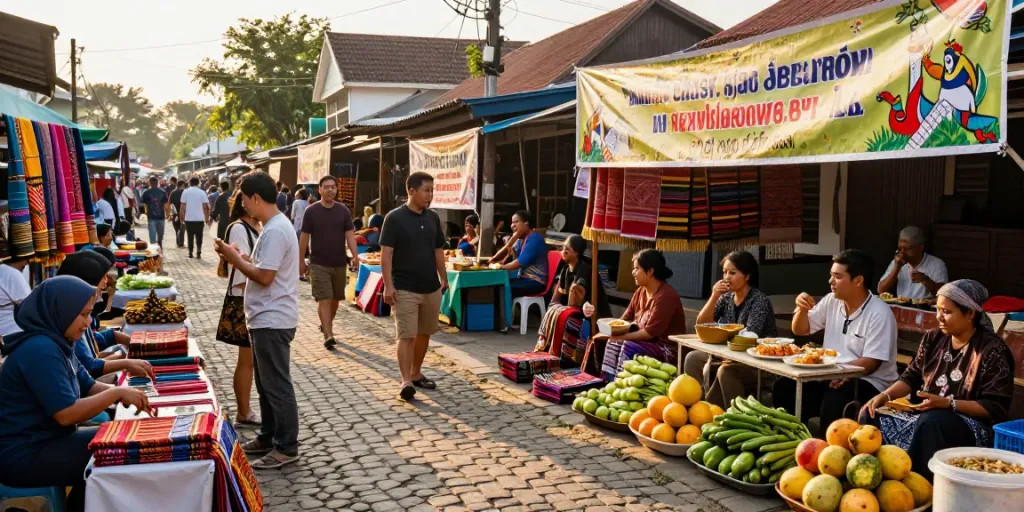 Pemandangan pasar Cirebon yang ramai dengan kerajinan lokal dan makanan khas, menciptakan suasana budaya yang kaya.