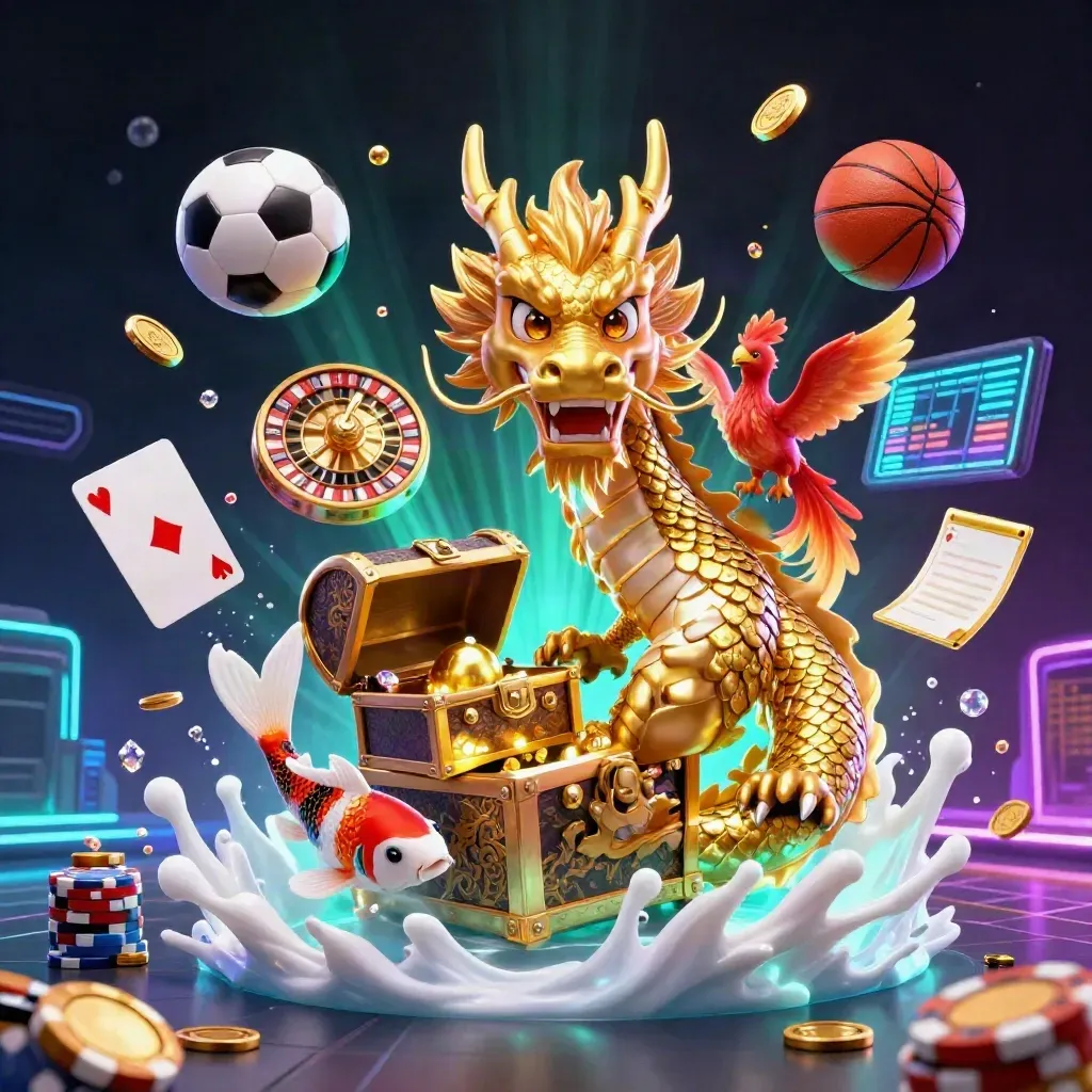 Naga emas, phoenix, koi, bola basket dan bola sepak di ledakan cahaya kasino mewah.