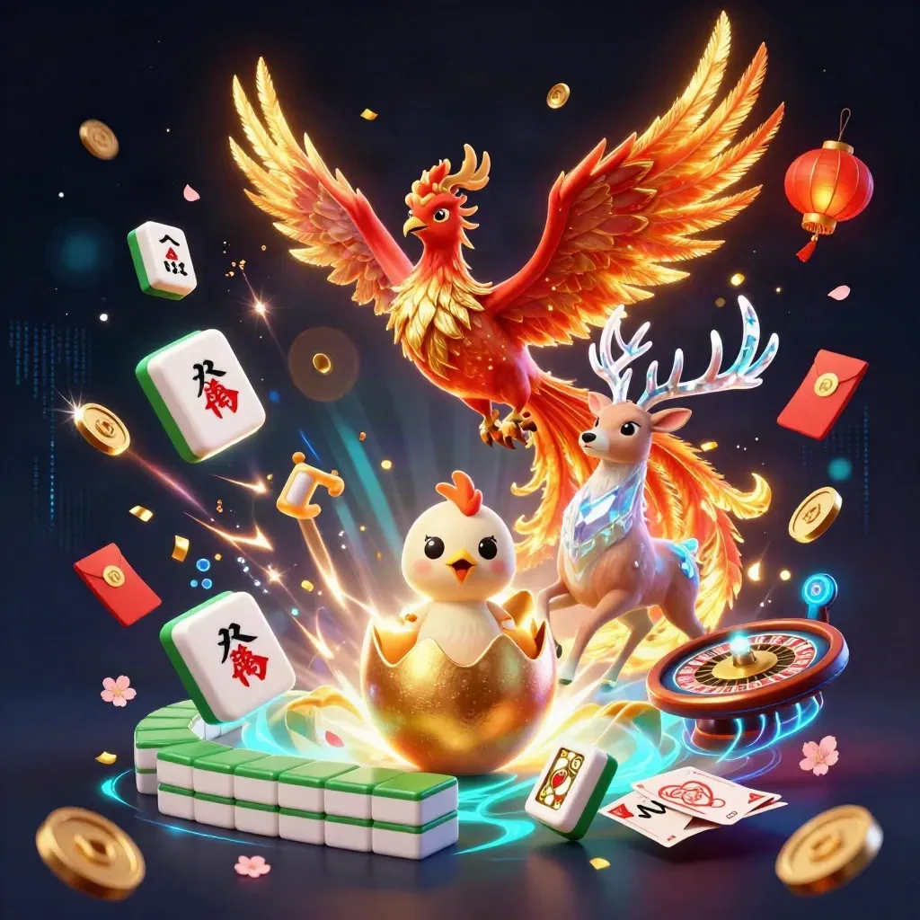 Phoenix emas, rusa kristal, dan bayi phoenix di kasino mewah dengan efek neon.