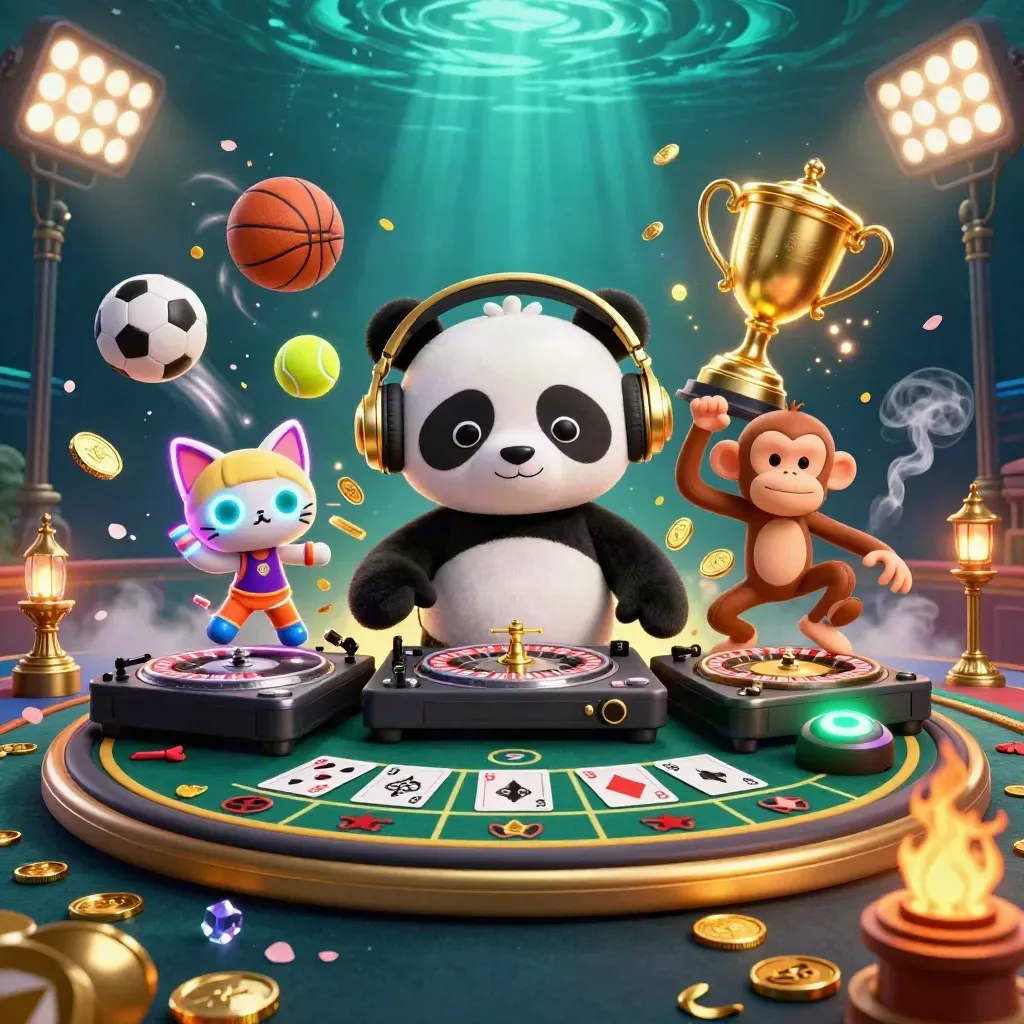 Panda DJ, monyet breakdance, dan kucing glow-stick di kasino mewah emas-hijau.
