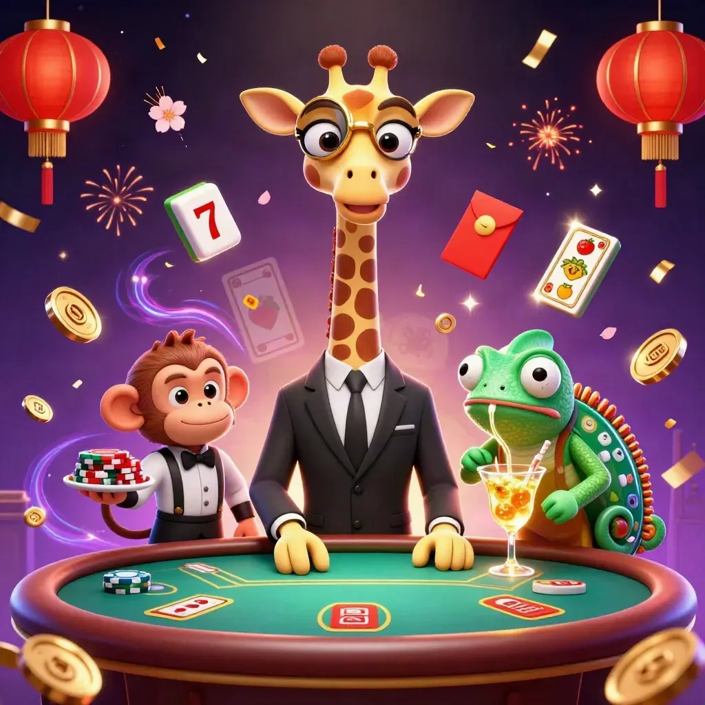 Jerapah VIP, valet monyet, dan bartender bunglon di meja poker, dikelilingi mahjong dan kembang api.