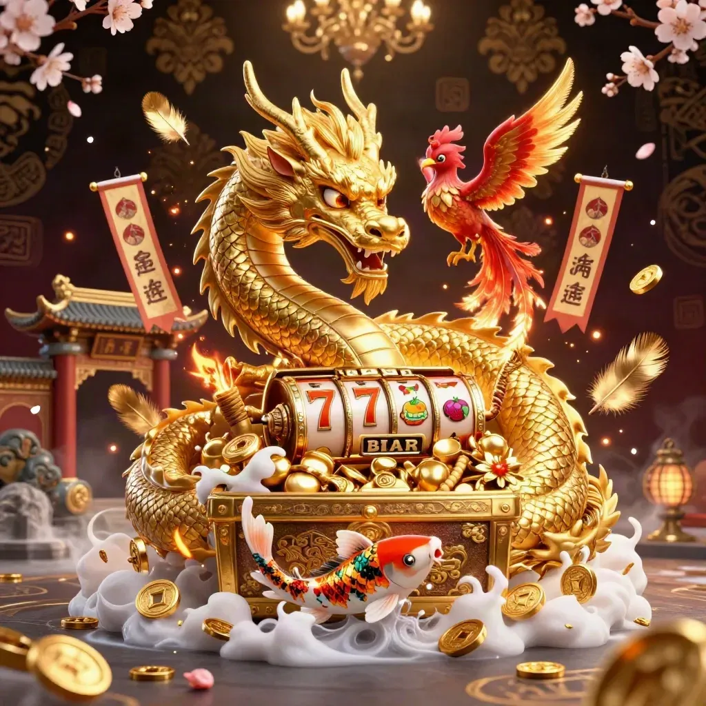 Naga emas, phoenix, dan koi di depan kuil harta dengan efek kasino mewah.